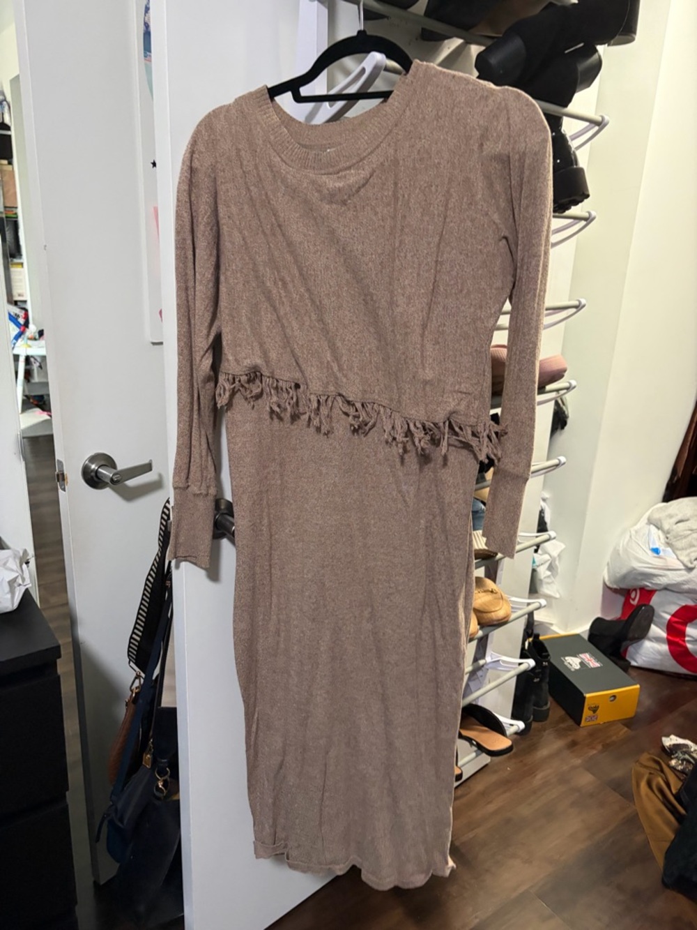 Fringe-Waist Long Sleeve Knit Midi Dress in Taupe
